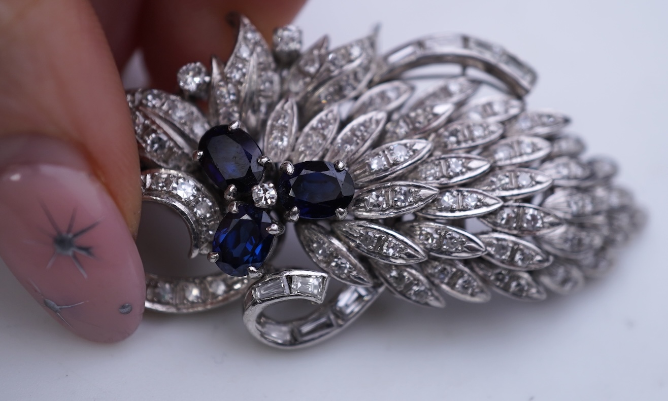 A sapphire and diamond brooch, mid 20th century